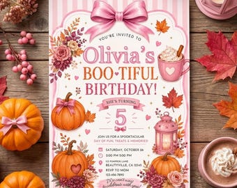 Pink Pumpkin Birthday Invitation Template | Editable Girls Halloween Birthday Party Invite | Boo-tiful Birthday