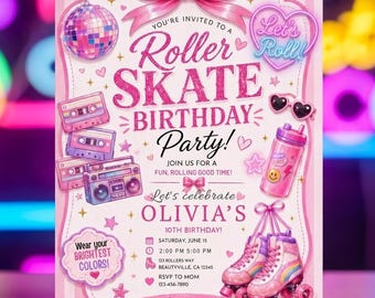 Roller Skates Birthday Invitation, Neon Skate Party Invitation, Girl Birthday Invite, Editable Canva Glow Roller Skating Party Invite