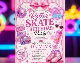 Invito per pattinaggio a rotelle, festa di compleanno al neon, celebrazione per ragazze, modello Canva modificabile, download digitale stampabile, vieni a pattinare con noi