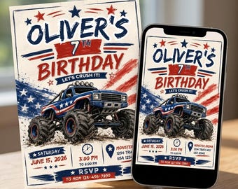 Monster Truck Birthday Invitation Editable Template, Truck Party Invite, American Boy Birthday Invitation Digital Download