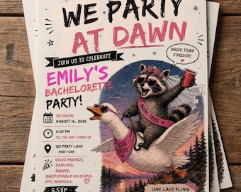 Bachelorette Party Invitation Printable | Funny Raccoon Bride Tribe Invite | Editable Digital Download | We Party at Dawn Bash