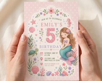 Mermaid Birthday Invitation Under Sea Party Invite Pink Girl Ocean Birthday Party Template Editable Digital Download Printable First
