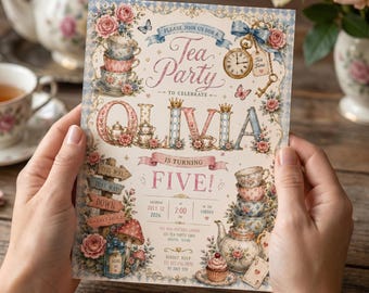 Tea Party Invite Printable Birthday Girl Celebration Card Editable Digital Download Instant Template Floral Invitation Whimsical Garden