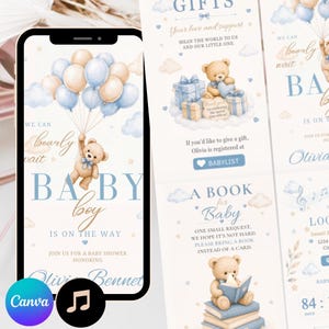 Plantilla de invitación para baby shower de osito de peluche / Baby shower de niño / Descarga digital editable / Baby shower de oso