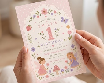 Fairy First Birthday Invitation Girl Turning One Enchanted Fairy Garden Party Woodland Fairy Template Printable Cottagecore Celebration