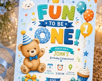 First Birthday Fun To Be One Boy Invitation  Digital or Physical invite