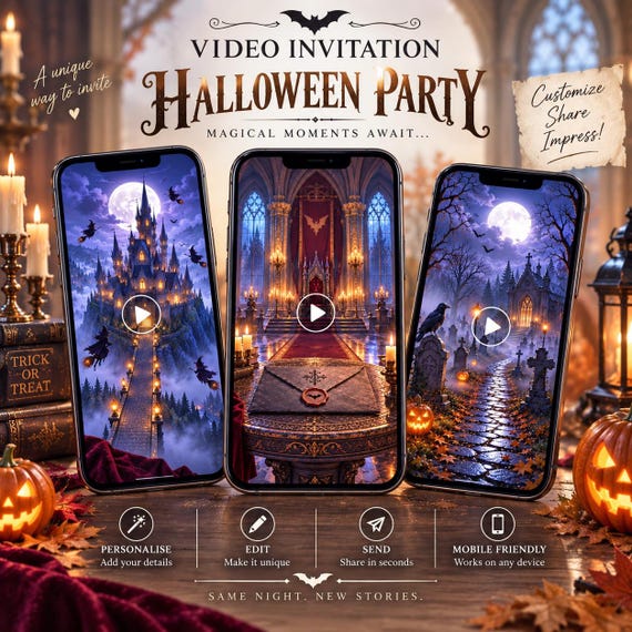 Personalised Halloween Invitation video template, Animated Halloween Invite Canva, Digital Halloween Birthday Party Witch Cemetery