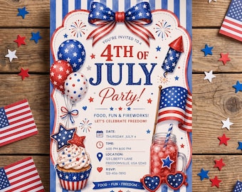 4th of July Invite Template Editable Canva Independence Day Patriotic Invite American Flag Pool Party Printable Download Digital Card Summer