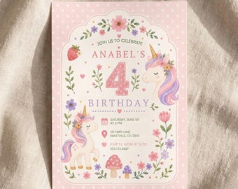 Unicorn Birthday Invitation, Printed Cards or Editable Template, Pink Whimsical Unicorn Birthday Invite for Girl, Any Age