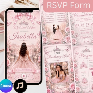 May include: A digital invitation set for a Sweet Fifteen celebration featuring pink floral motifs, crowns, and butterflies. The design includes text such as My Sweet Fifteen, Isabella, RSVP Form, and Countdown, displayed on a smartphone screen and printed cards.