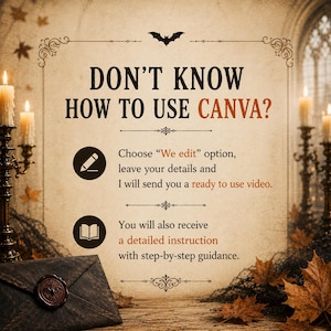 May include: A beige informational sign with dark text reading: DON'T KNOW HOW TO USE CANVA? Choose We edit option, leave your details and I will send you a ready to use video. You will also receive a detailed instruction with step-by-step guidance.