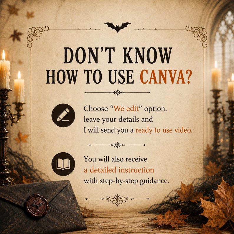 May include: A beige informational sign with dark text reading: DON'T KNOW HOW TO USE CANVA? Choose We edit option, leave your details and I will send you a ready to use video. You will also receive a detailed instruction with step-by-step guidance.
