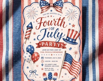 Fourth of July Invitation Template Printable Editable Independence Day Party Invite Backyard Bbq Celebration Card Red White Blue Patriotic