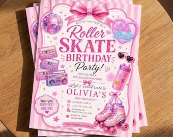 Roller Skating Invitation Neon Birthday Glow Party Girl Celebration Editable Canva Template Digital Download Printable Come Roll with Us