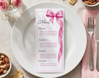 Modello di menù per la cena modificabile / Design con fiocco rosa e strisce / Menù elegante stampabile in formato 4x9 / Download digitale
