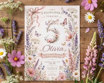 Editable Wildflower Birthday Invitation Printable | Floral Invitation Birthday Girls | Editable Digital Download | Butterfly Invitation