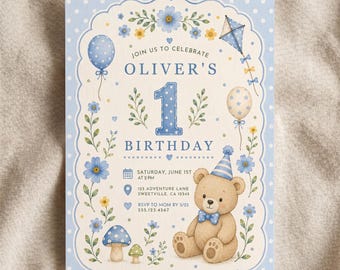Teddy Bear Boy First Birthday Invitation, Printed Cards or Editable Template, Blue Whimsical Garden 1st Birthday Invite for Boy