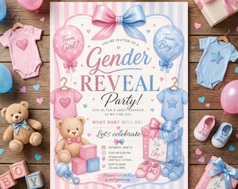 Gender Reveal Invitation Template Editable Digital Download Instant Printable Party Announcement Card Teddy Bear Shower Couples Celebration