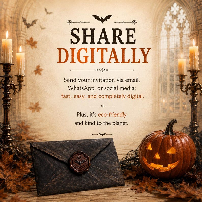 May include: A dark textured envelope with a bat-embossed wax seal sits beside a glowing jack-o'-lantern. The text reads: SHARE DIGITALLY. Send your invitation via email, WhatsApp, or social media: fast, easy, and completely digital. Plus, it's eco-friendly and kind to the planet.