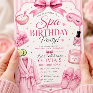 May include: A pink and white striped spa birthday party invitation featuring a large pink bow at the top. Illustrations include a robe, slippers, sleep mask, nail polish, and cream jar. Text reads: You're invited to a Spa Birthday Party! Olivia's 10th Birthday.