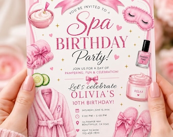 Spa Birthday Party Invitation, Printed Cards or Editable Template, Pink Pamper Party Girls Spa Day, Coquette Birthday Invite