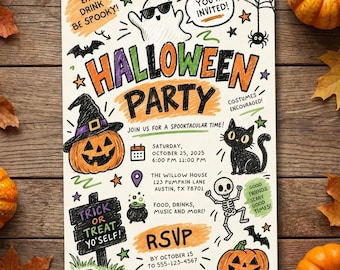 May include: A Halloween party invitation flyer featuring hand-drawn illustrations of a ghost with sunglasses, a jack-o'-lantern, a black cat, a skeleton, and bats. The text includes 'Halloween Party', 'Eat Drink Be Spooky', and event details.