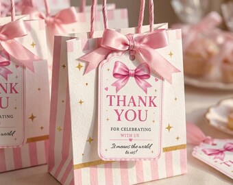 Pink Bow Thank You Tags Template | Editable Gift Tags for Birthday Party Favors | Printable Round Favor Tags
