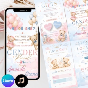 May include: A digital gender reveal invitation template displayed on a smartphone screen, featuring watercolour teddy bears, pastel balloons, and clouds. The text includes He or She, What will our little one be, Gender Reveal, and the name Amanda Bennet.