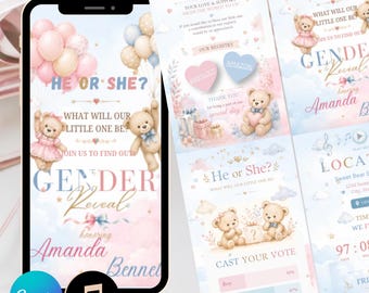 May include: A digital gender reveal invitation template displayed on a smartphone screen, featuring watercolor teddy bears, pastel balloons, and clouds. The text includes He or She, What will our little one be, Gender Reveal, and the name Amanda Bennet.