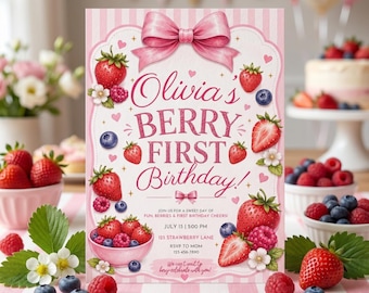 Berry Sweet One Year Celebration Girl Invite Pink Cottagecore Berry Coquette Aesthetic Event Card Template Editable Printable Digital Design