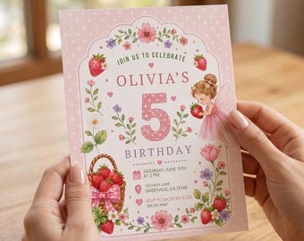 Fairy Birthday Invitation Template Editable Party Girls Birthday Card Printable Digital Download Kids Party Invite Strawberry Fairy Garden