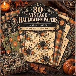 May include: A collection of 30 vintage Halloween papers featuring digital designs of pumpkins, mushrooms, frogs, moons, and floral patterns. The set includes 30.48 x 30.48 cm sheets with 300 DPI resolution, presented as an instant digital download.