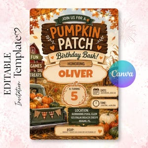 Peut inclure: Un modèle d'invitation d'anniversaire sur le thème du potiron avec un panneau en bois portant le texte JOIN US FOR A PUMPKIN PATCH BIRTHDAY BASH! HONORING OLIVER IS TURNING 5. Le design inclut un camion vert, des citrouilles et des feuilles.