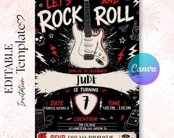 Rock and Roll Birthday Invitation, Editable Guitar Party Invite, Rock Star Canva Template, Instant Download