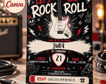 May include: A rectangular party invitation card featuring a white electric guitar, a skull, and red lightning bolts on a black background. The text reads LET'S ROCK AND ROLL, JUDE IS TURNING 21, and includes placeholders for date, time, location, and RSVP details.