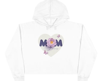 Mom Heart Floral Crop Hoodie: Butterflies, Love Graphic, Soft Fleece pullover