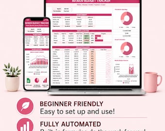 May include: A digital budget tracker displayed on a laptop and smartphone, with a pink background. The text reads "50/30/20 Budget Tracker" and highlights features like beginner-friendly setup, automation, and instant download. A pink mug and a small plant are also visible.