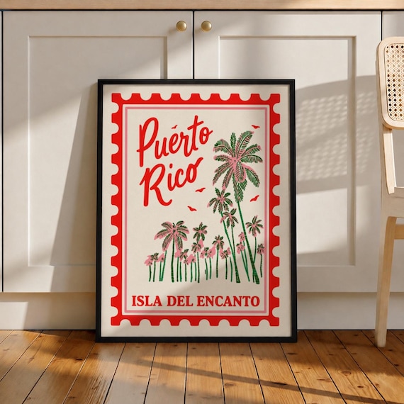 Puerto Rico Poster Isla Del Encanto Vintage Stamp Palm Tree Wall Art Boricua Decor