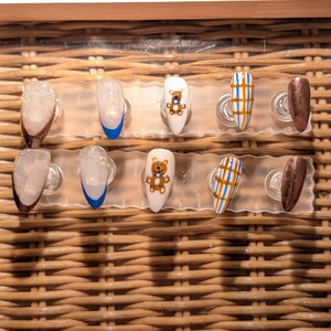 Aangepaste teddybeer geruit chroom amandelvorm pers op nagels, proefset