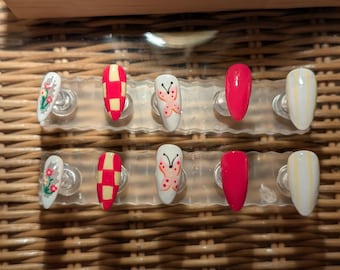 Pink Checkered Butterfly Floral Almond shape Press On Nails, Custom Sample Set