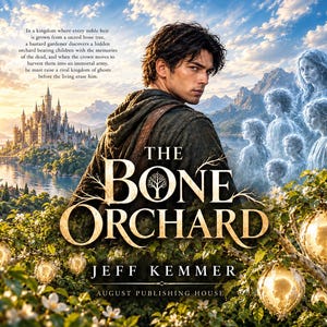 May include: A book cover titled The Bone Orchard by Jeff Kemmer, featuring a dark-haired person in a hooded cloak, a castle by a lake, glowing fruit on trees, and translucent ghostly figures against a bright, mountainous sky.