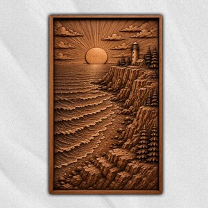 May include: A rectangular wooden wall art piece featuring a detailed relief carving of a coastal landscape. The scene depicts a lighthouse perched on a rocky cliffside overlooking a sea with rolling waves under a sunburst sky with clouds.