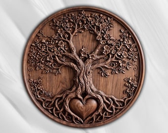 May include: A circular dark brown wooden wall plaque featuring a detailed relief carving of a tree with spreading branches, blooming flowers, and intricate roots that form a heart shape at the base, all enclosed within a smooth circular frame.