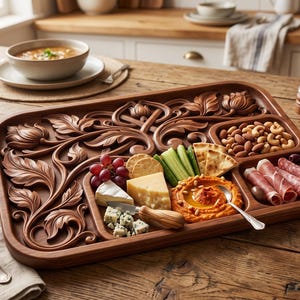 May include: A rectangular wooden serving tray featuring intricate carved floral and leaf patterns. The tray is divided into sections containing assorted cheeses, grapes, crackers, cucumber slices, pita bread, nuts, hummus, and rolled cured meats.