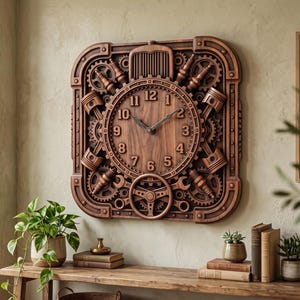 May include: A square wall clock featuring a dark wood face with black numerals and hands. The frame is constructed from copper-toned mechanical parts, including gears, pistons, spark plugs, a steering wheel, and a radiator grille.