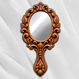May include: An oval hand mirror with a medium brown wooden frame featuring intricate carved scrollwork, leaf motifs, and a decorative handle. The reflective glass surface is centered within the ornate, symmetrical wooden border.