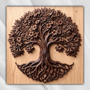 May include: A square wooden wall plaque featuring a dark brown carved tree with intricate roots and a dense canopy of leaves and flowers. The tree is set against a lighter, smooth, natural-toned wood grain background, creating a high-contrast relief.