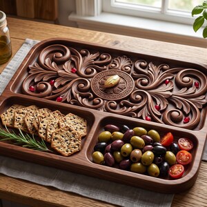 May include: A rectangular wooden serving tray featuring a large carved section with intricate scrollwork and a central medallion, alongside two smaller compartments containing hexagonal crackers with rosemary and a mix of green and black olives with tomato slices.