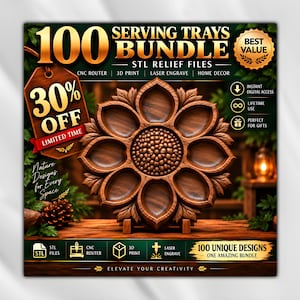 100 Serving Trays Bundle 3D Relief STL | CNC Wood Carving Collection | 3D Print Laser Engrave | Digital Download | Kitchen Decor