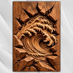 May include: A rectangular wooden wall art piece featuring a deep relief carving of a crashing ocean wave. The surrounding wood frame appears to be fractured and broken, with jagged edges framing the central swirling water design in brown.
